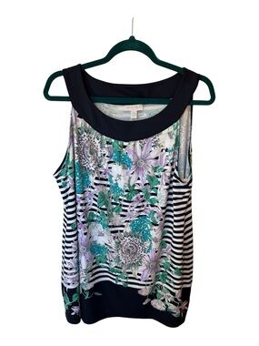 Charter Club Navy Striped Floral Sleeveless Tank with Teal & Lavender Accents 1X